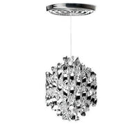 Stylish chrome pendant light with crystal-like accents, featuring a modern, geometric pattern.