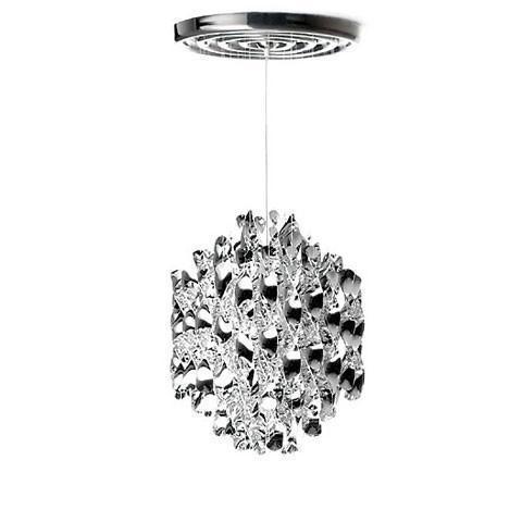 Stylish chrome pendant light with crystal-like accents, featuring a modern, geometric pattern.