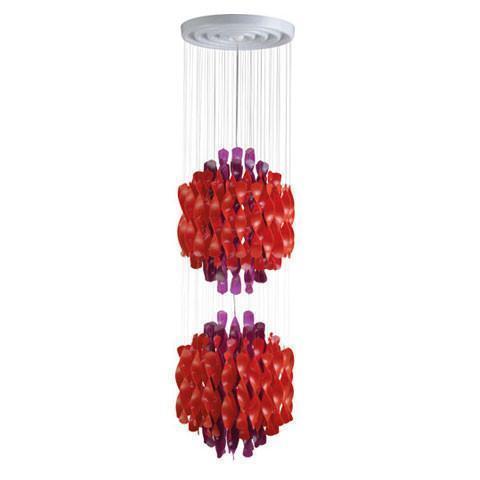 Red and purple decorative pendant light with a modern, layered design and glossy finish. Perfect for stylish interiors.