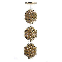 Gold and black pendant light with intricate geometric patterns, featuring three hanging orbs for a modern touch.