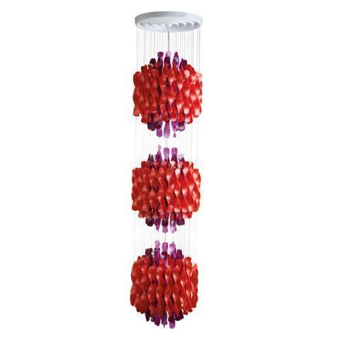 Vibrant red and purple decorative pendant light with a unique spherical design, hanging from a white ceiling mount.