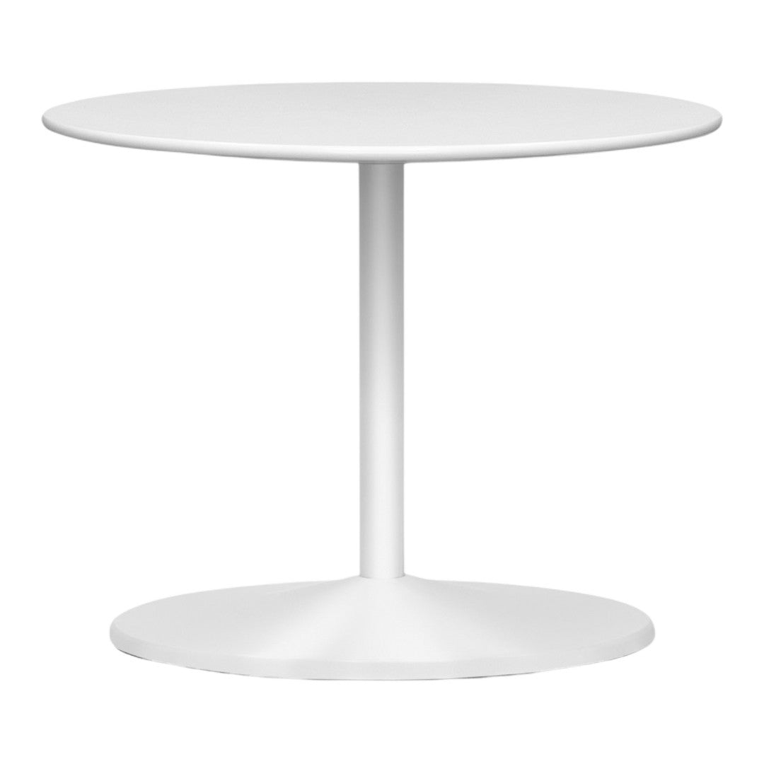Round white dining table with a smooth surface and a sleek, minimalistic design. Perfect for modern interiors.