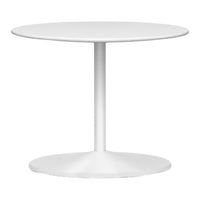 Round white dining table with a smooth surface and a sleek, minimalistic design. Perfect for modern interiors.