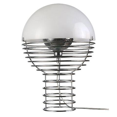 White glass globe lamp atop a sleek chrome wire base, featuring a modern spiral pattern. Perfect for contemporary decor.