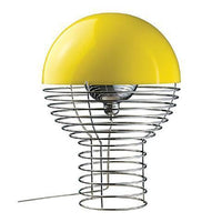 Yellow dome lampshade atop a spiraled silver metal base, creating a modern and playful design.