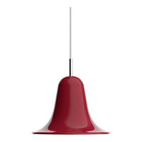 Glossy red bell-shaped pendant light with a sleek silver cord, perfect for modern decor.