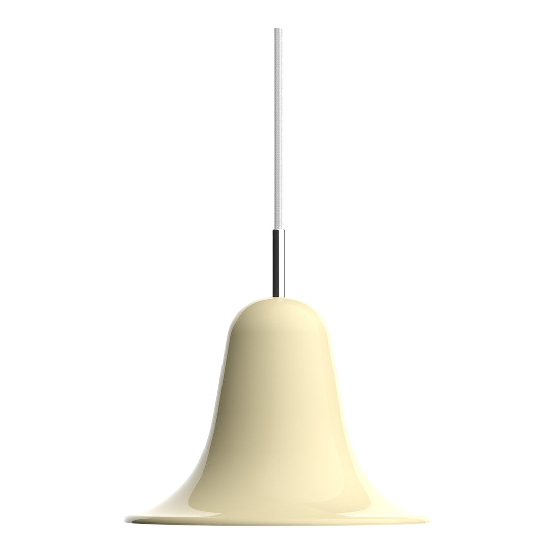 Cream-colored bell pendant light with a smooth, glossy finish and a sleek metal suspension. Perfect for modern decor.