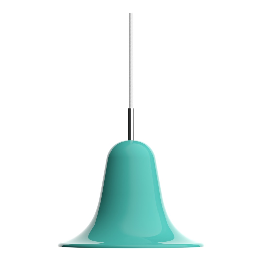 Turquoise bell-shaped pendant light with a smooth, glossy finish, suspended by a sleek silver cord.