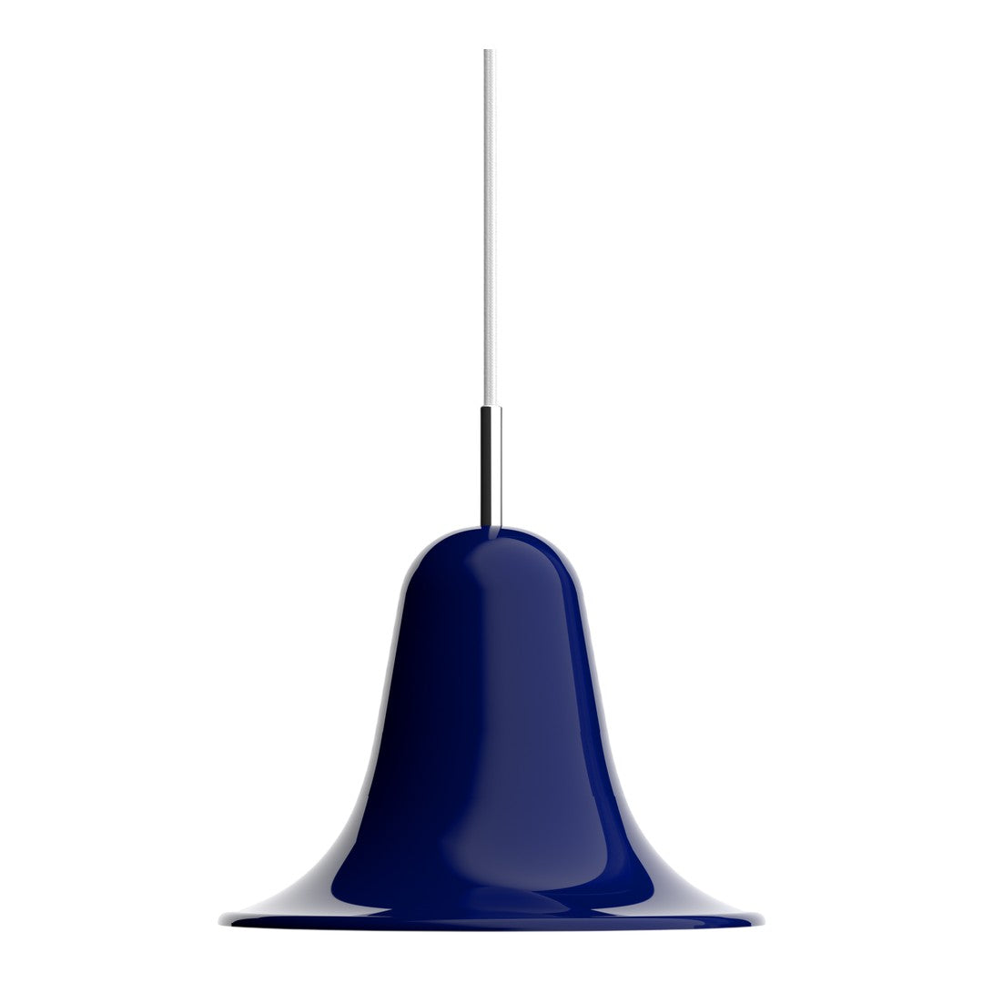 Navy blue bell-shaped pendant light with a smooth glossy finish and minimalistic design.