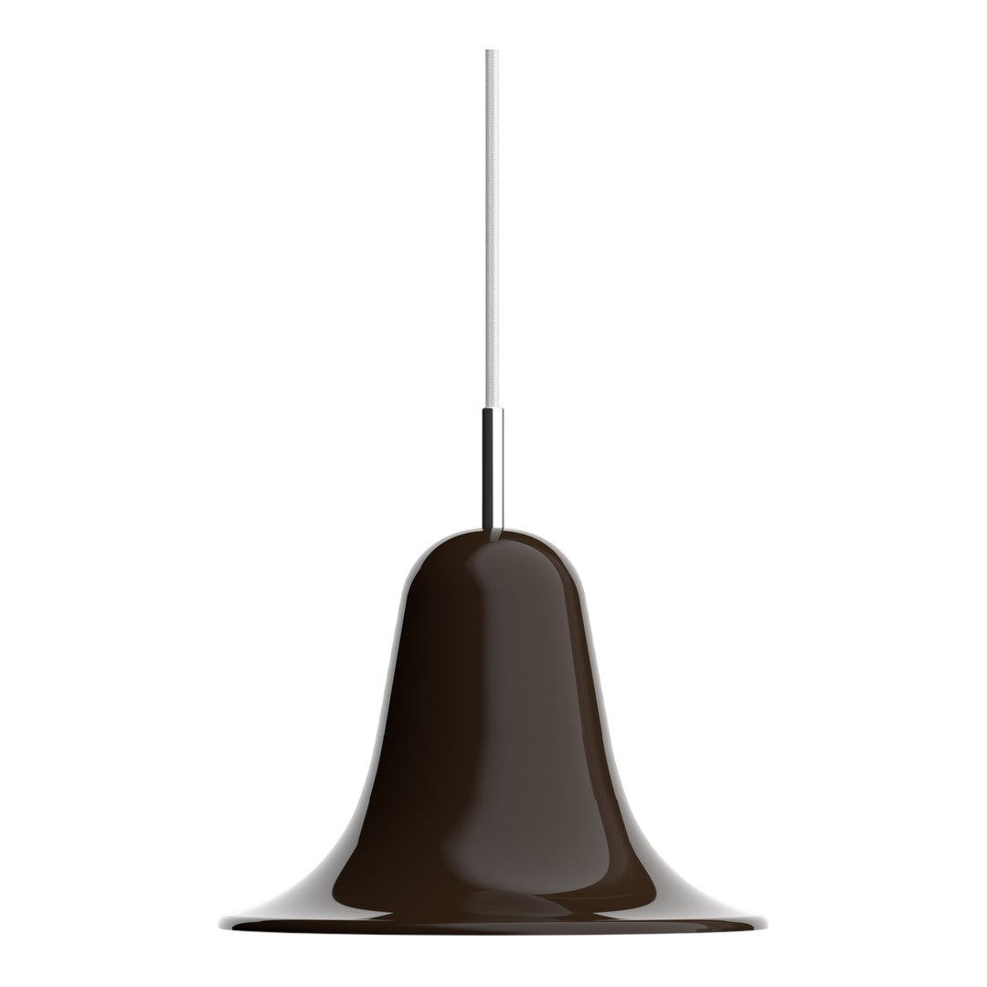 Glossy brown metal pendant light with a smooth, bell-shaped design and sleek silver hanging cord.