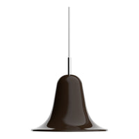 Glossy brown metal pendant light with a smooth, bell-shaped design and sleek silver hanging cord.