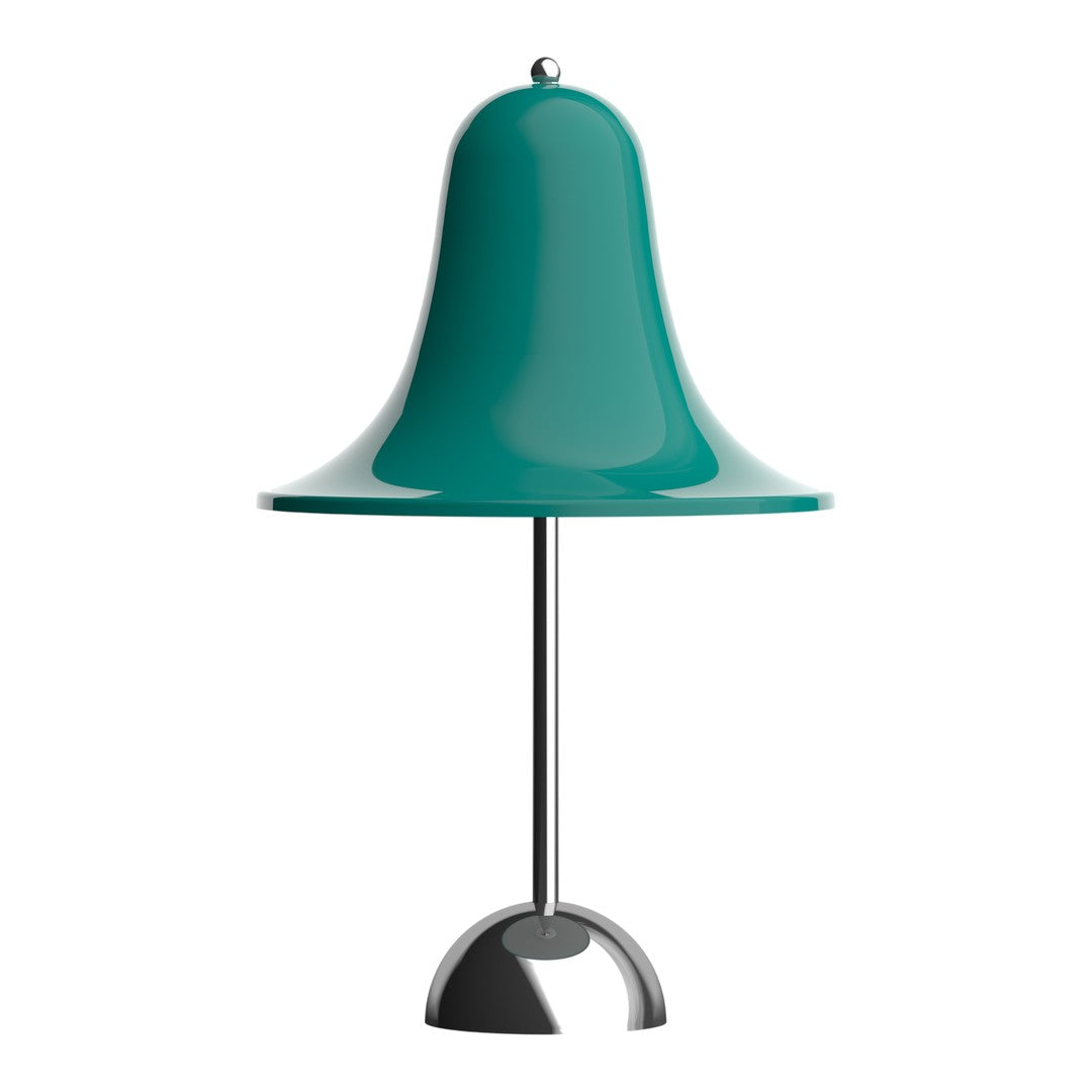 Teal bell-shaped lamp with a glossy finish and a sleek metallic base, perfect for modern decor.