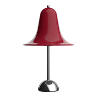 Red bell-shaped lamp with a glossy finish and a sleek chrome base, perfect for modern decor.