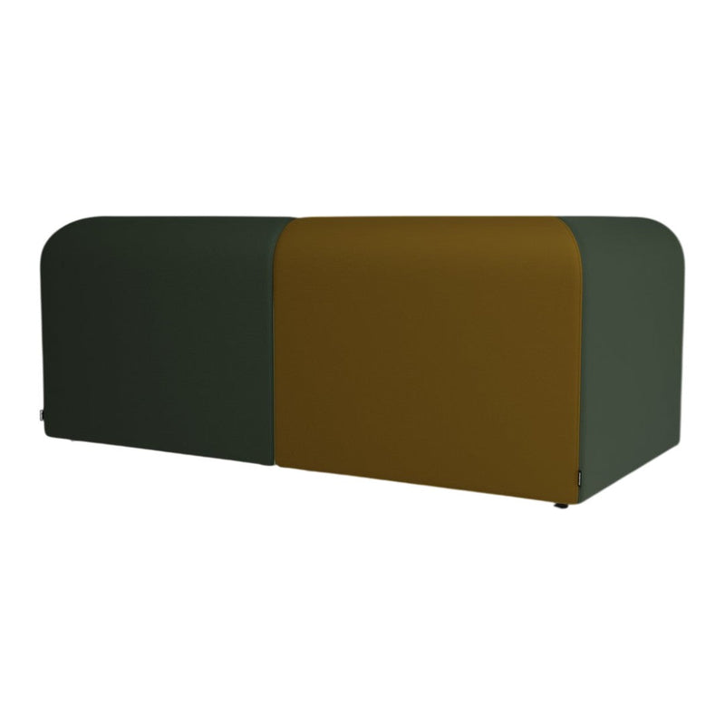 Two-tone modern sofa bench in deep green and mustard yellow, featuring a sleek, minimalist design.