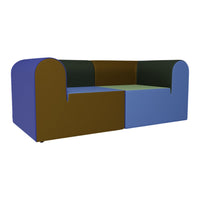 Multicolored modern sofa featuring blue, green, brown, and dark green sections with a smooth, block pattern.