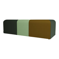 Multicolored modern bench featuring dark green, mint green, and earthy brown sections with smooth, curved edges.