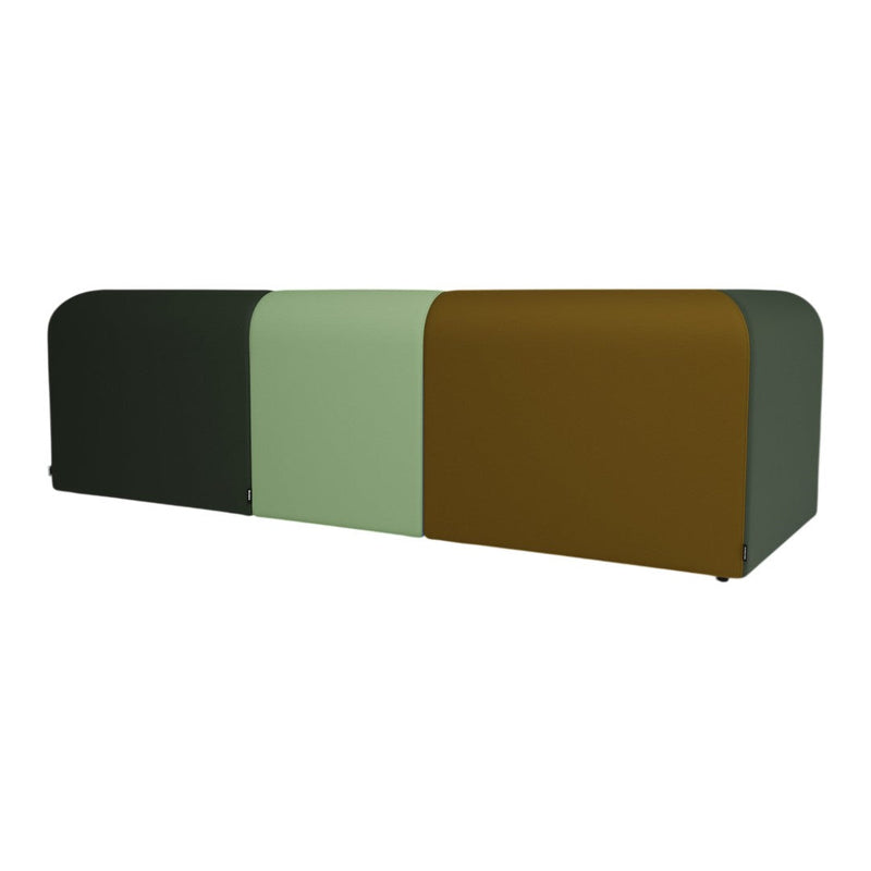 Multicolored modern bench featuring dark green, mint green, and earthy brown sections with smooth, curved edges.