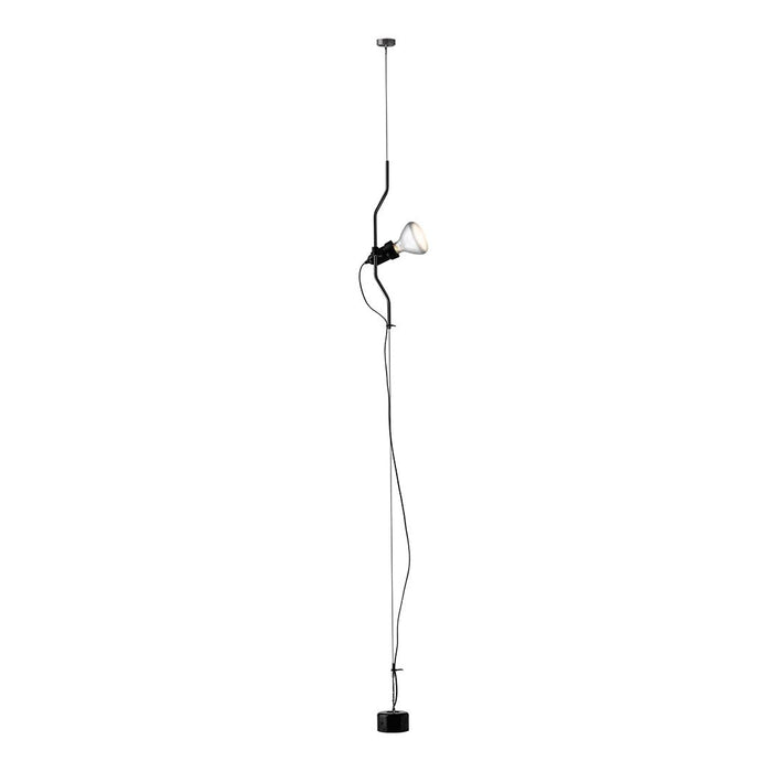 Minimalist black pendant light with a sleek design and retractable cord. Ideal for modern decor.