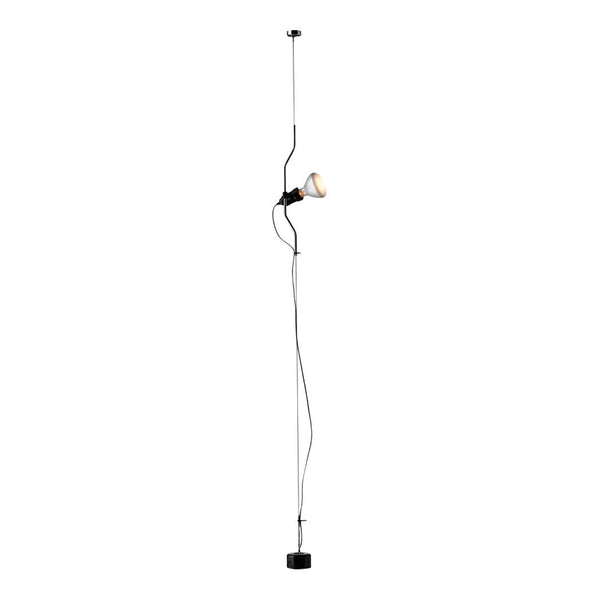Sleek black pendant light with a minimalist design, featuring a textured shade and adjustable cable length.