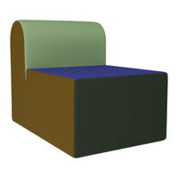 Multicolored block chair in green, blue, and brown hues with a smooth, modern design. Ideal for contemporary spaces.