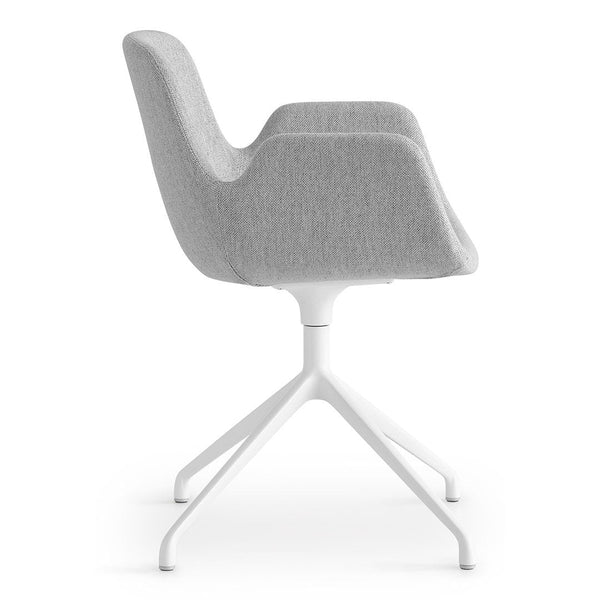 Gray upholstered chair with a minimalist design and a sleek white base, showcasing a modern and elegant aesthetic.
