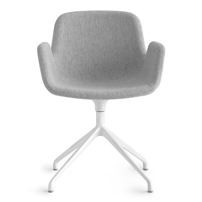 Gray upholstered chair with a textured fabric and a white metal base, featuring a minimalist, modern design.