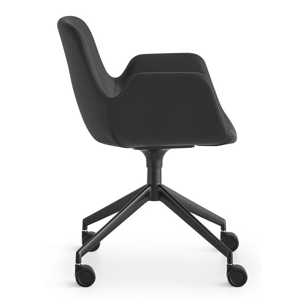 Black ergonomic office chair with smooth contours and a sleek wheeled base, ideal for modern workspace aesthetics.