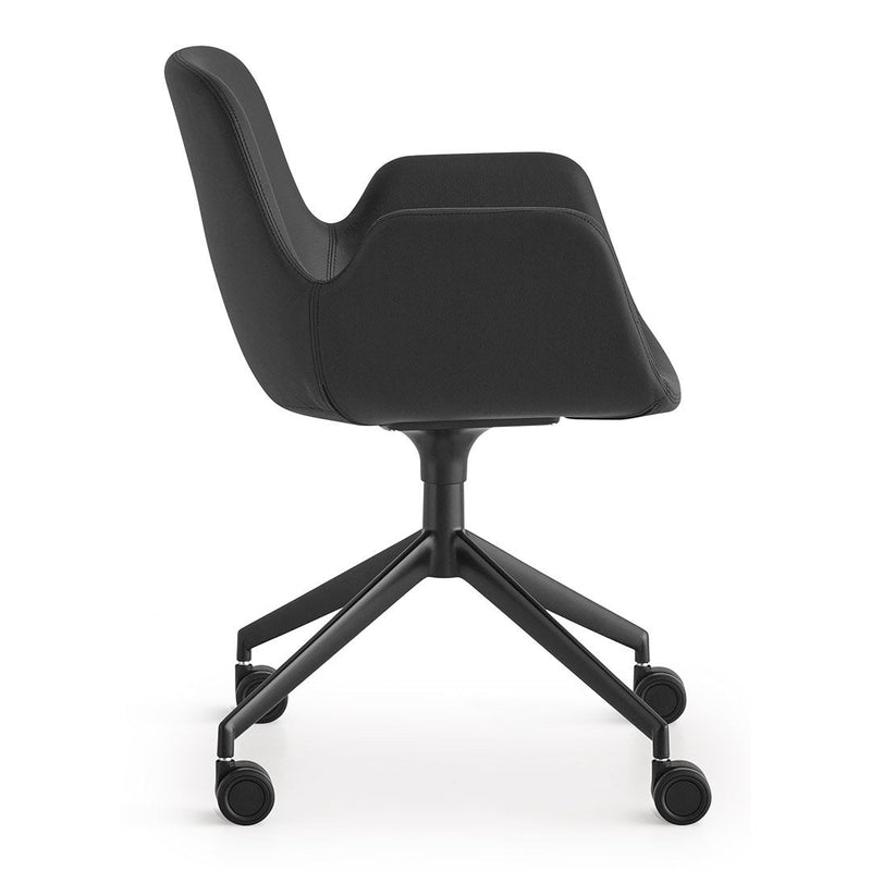 Black ergonomic office chair with smooth contours and a sleek wheeled base, ideal for modern workspace aesthetics.
