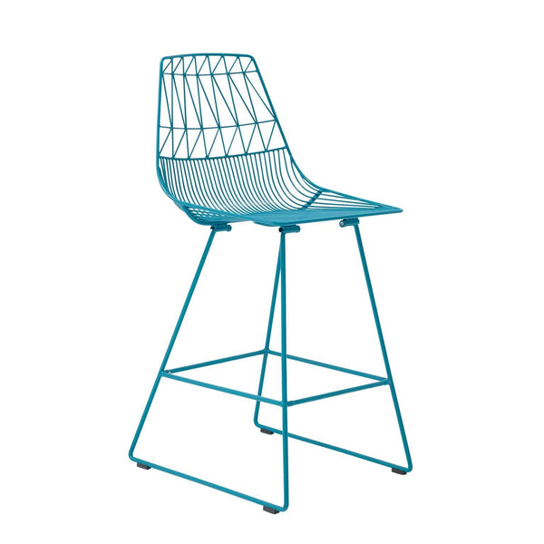 Turquoise wire bar stool with a modern geometric pattern and sleek design. Ideal for contemporary spaces.