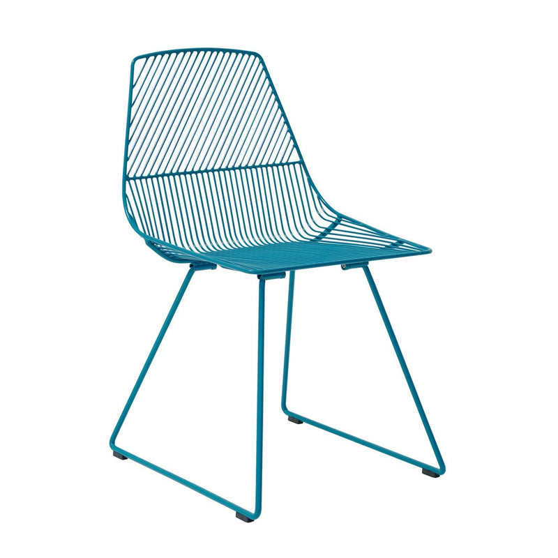 Teal wire dining chair with a modern striped pattern, ideal for contemporary decor. 