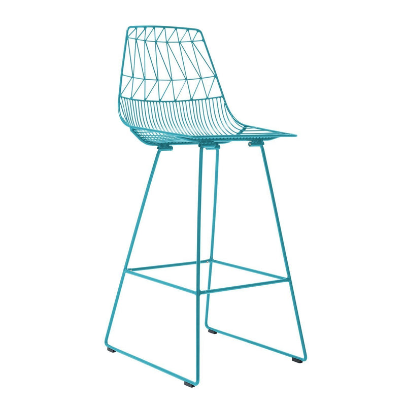 Turquoise wire bar stool with geometric pattern, featuring a modern design and sleek lines for contemporary spaces.