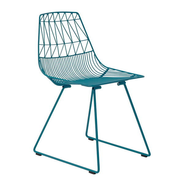 Teal wireframe chair with geometric pattern, featuring sleek lines and a modern design. Perfect for contemporary decor.
