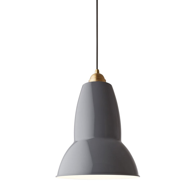 Gray pendant lamp with a sleek, modern design and a contrasting gold accent. Perfect for contemporary decor.