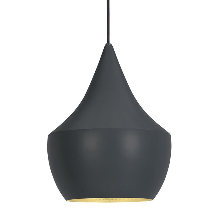 Sleek matte black pendant lamp with a gold interior finish, showcasing a modern teardrop shape.