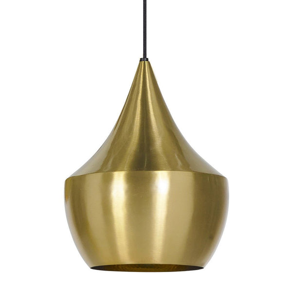 Brushed gold pendant light with a sleek, teardrop shape and a shiny, reflective surface. Perfect for modern decor.