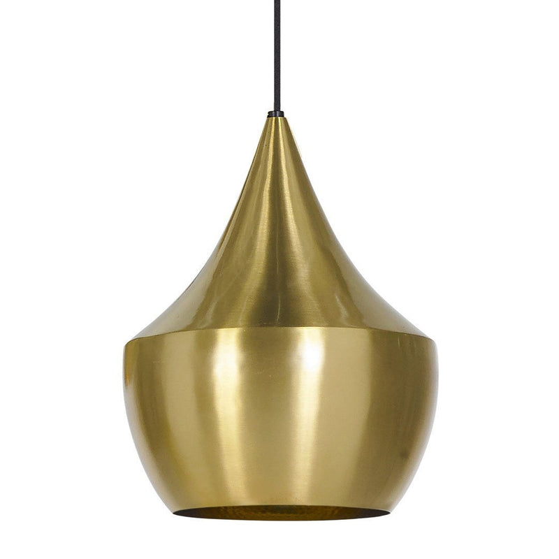 Brushed gold pendant light with a sleek, teardrop shape and a shiny, reflective surface. Perfect for modern decor.