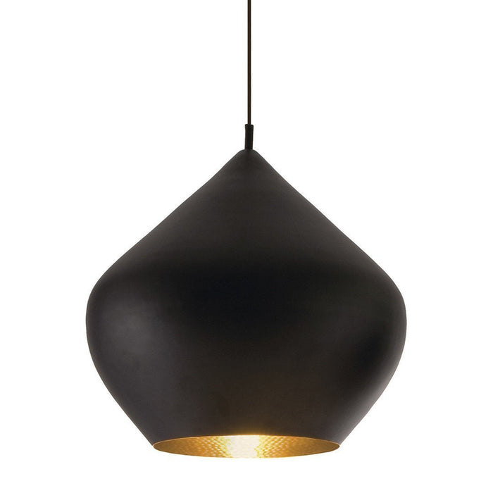 Black pendant lamp with a matte finish and gold interior for warm illumination. Modern, sleek teardrop shape design.