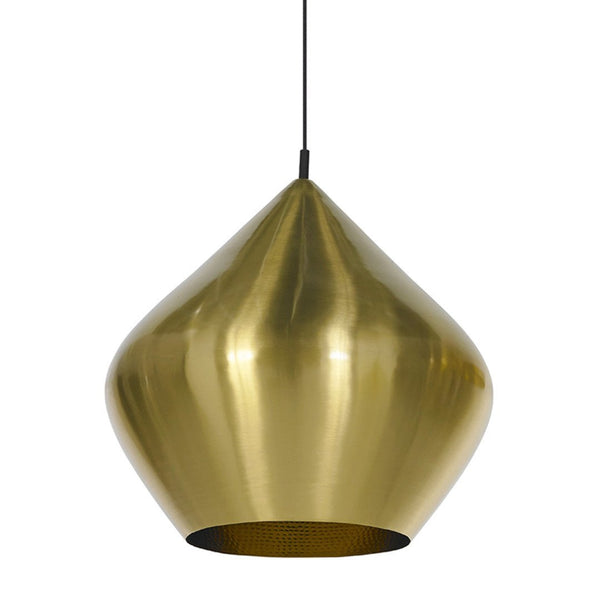 Gold teardrop pendant lamp with a smooth metallic finish and black hanging cord. Modern and elegant lighting design.