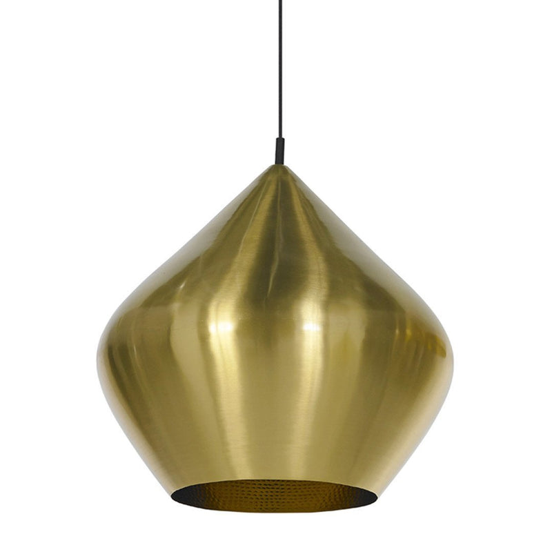 Gold teardrop pendant lamp with a smooth metallic finish and black hanging cord. Modern and elegant lighting design.
