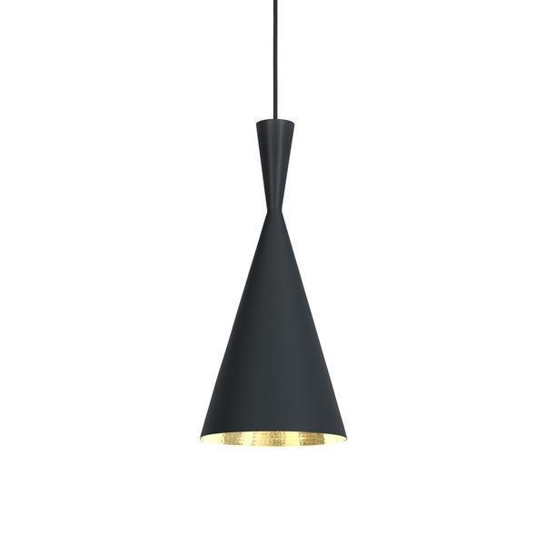 Black cone pendant light with a golden interior, adding a modern touch to any decor. 