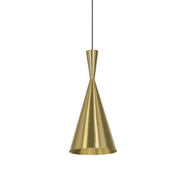 Gold cone pendant lamp with a sleek metallic finish and subtle textured pattern. Perfect for modern decor.
