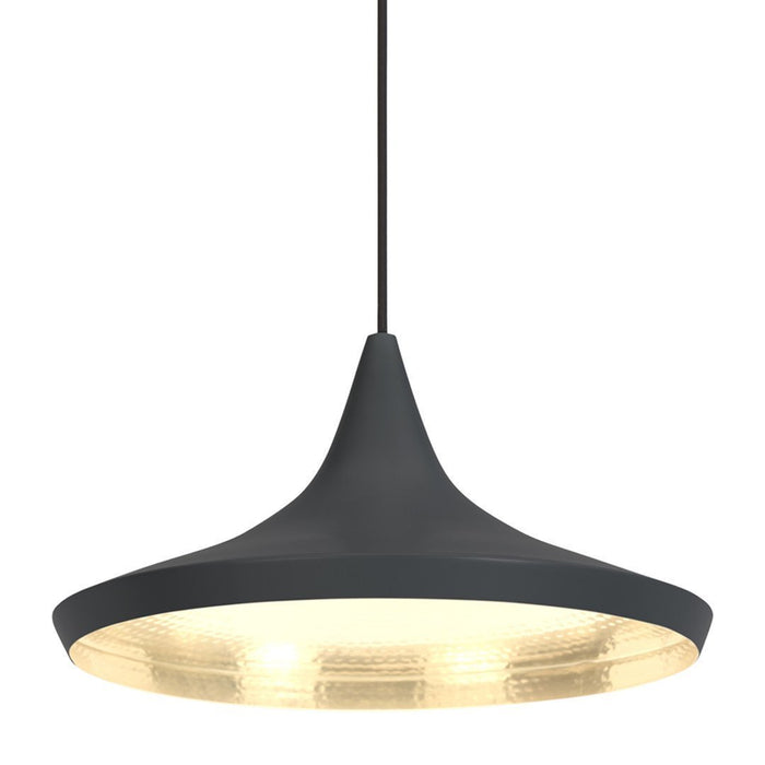 Black metal pendant lamp with a smooth, sleek design and a textured gold interior. Perfect for modern decor.