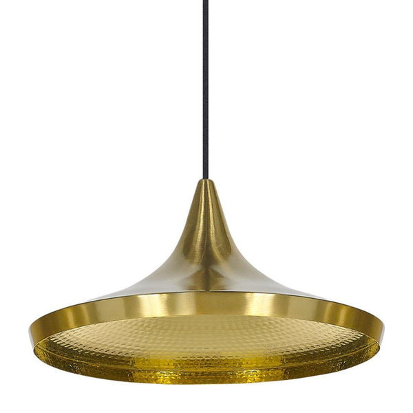 Brass pendant light with a textured, hammered gold finish and sleek black hanging wire for modern decor.