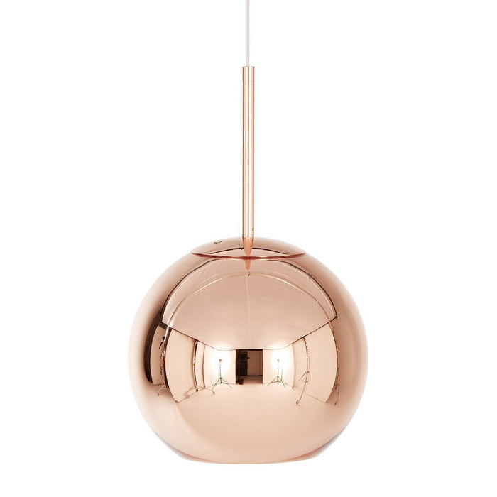 Sleek rose gold pendant light with a smooth, reflective surface and minimalist design, perfect for modern interiors.