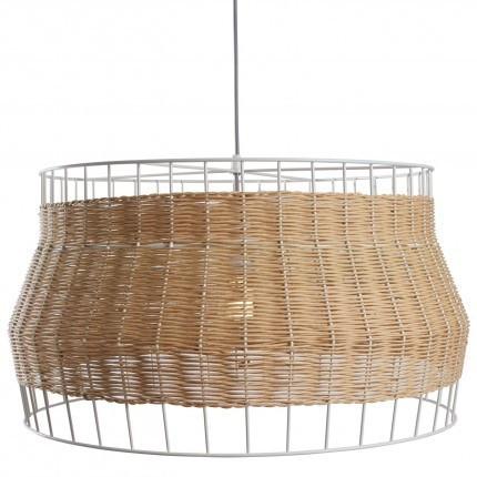 White and natural woven rattan pendant lamp with a rounded, open design and distinctive striped pattern.
