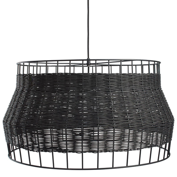 Black woven pendant lamp with an open, modern design and textured pattern. Ideal for stylish home decor.