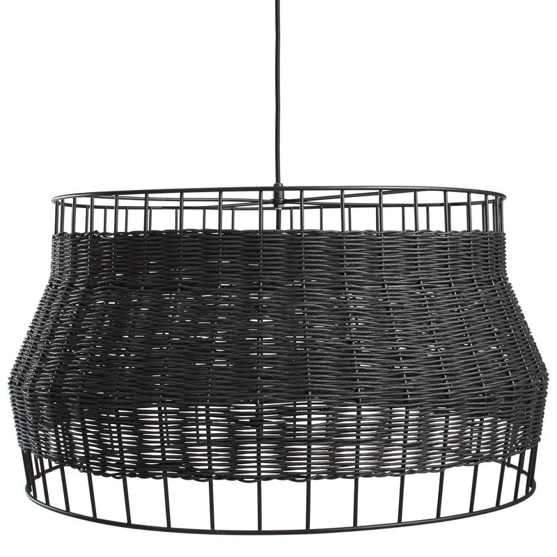 Black woven pendant lamp with an open, modern design and textured pattern. Ideal for stylish home decor.