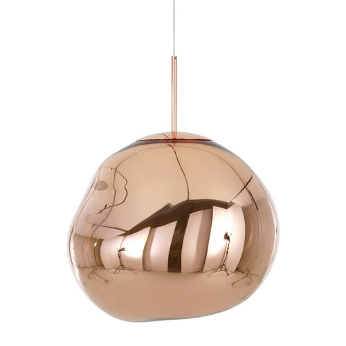 Shiny copper pendant light with a smooth, round shape and reflective surface, perfect for modern decor.
