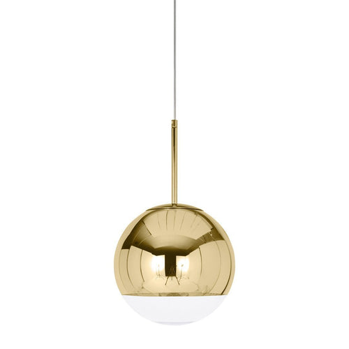 Gold and white globe pendant light with a sleek, modern design and reflective surface. Perfect for contemporary decor.