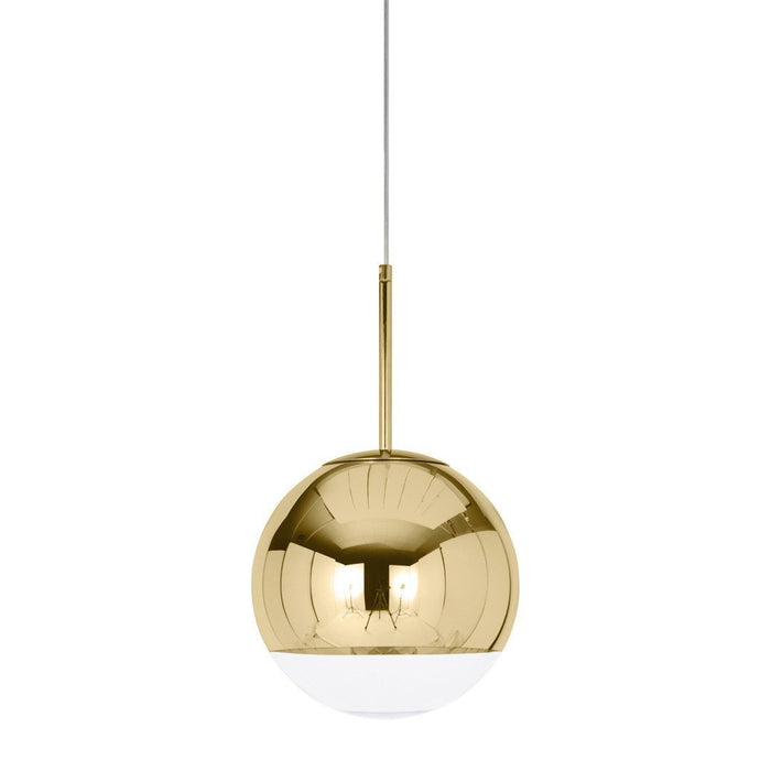 Gold and white globe pendant light with a sleek, modern design and reflective surface. Perfect for contemporary decor.